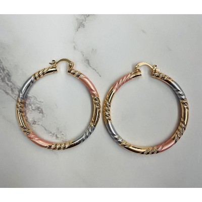 RMZ GOLD NYC 18K Gold Tri-Color Twist Diamond-Cut Hoop Earrings – 50mm