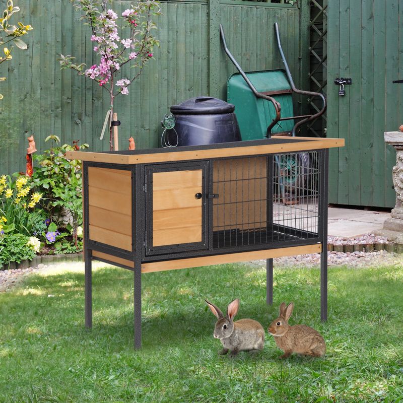 PawHut Rabbit Hutch Elevated Bunny Cage Small Animal Habitat with Metal Frame, No Leak Tray, Openable Asphalt Roof for Indoor/Outdoor, 3 of 8