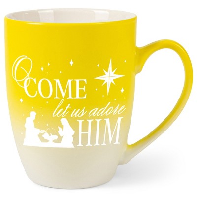 Elanze Designs O Come Let Us Adore Him Two Toned Ombre Matte Yellow and White 12 ounce Ceramic Stoneware Coffee Cup Mug