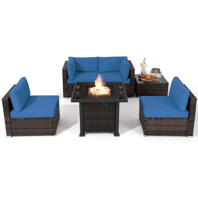 Tangkula 6 Piece Patio Wicker Conversation Set, Outdoor Rattan Sofa Set w/ 32" Propane Fire Pit Table, 50,000 BTU Heat, Tempered Glass Tabletop Black/Navy Blue/Red/Turquoise/Off White