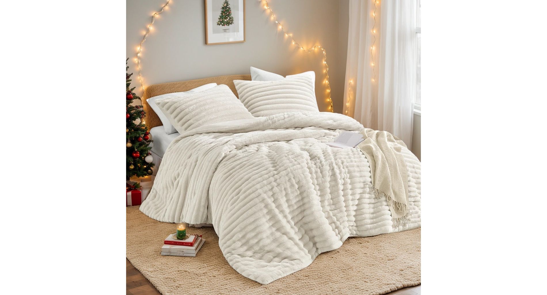 Super-Soft Fleece Comforter Set, Winter Warm Fluffy Ribbed Plush Twin/Full/Queen/King Size Bedding Set for Bedroom