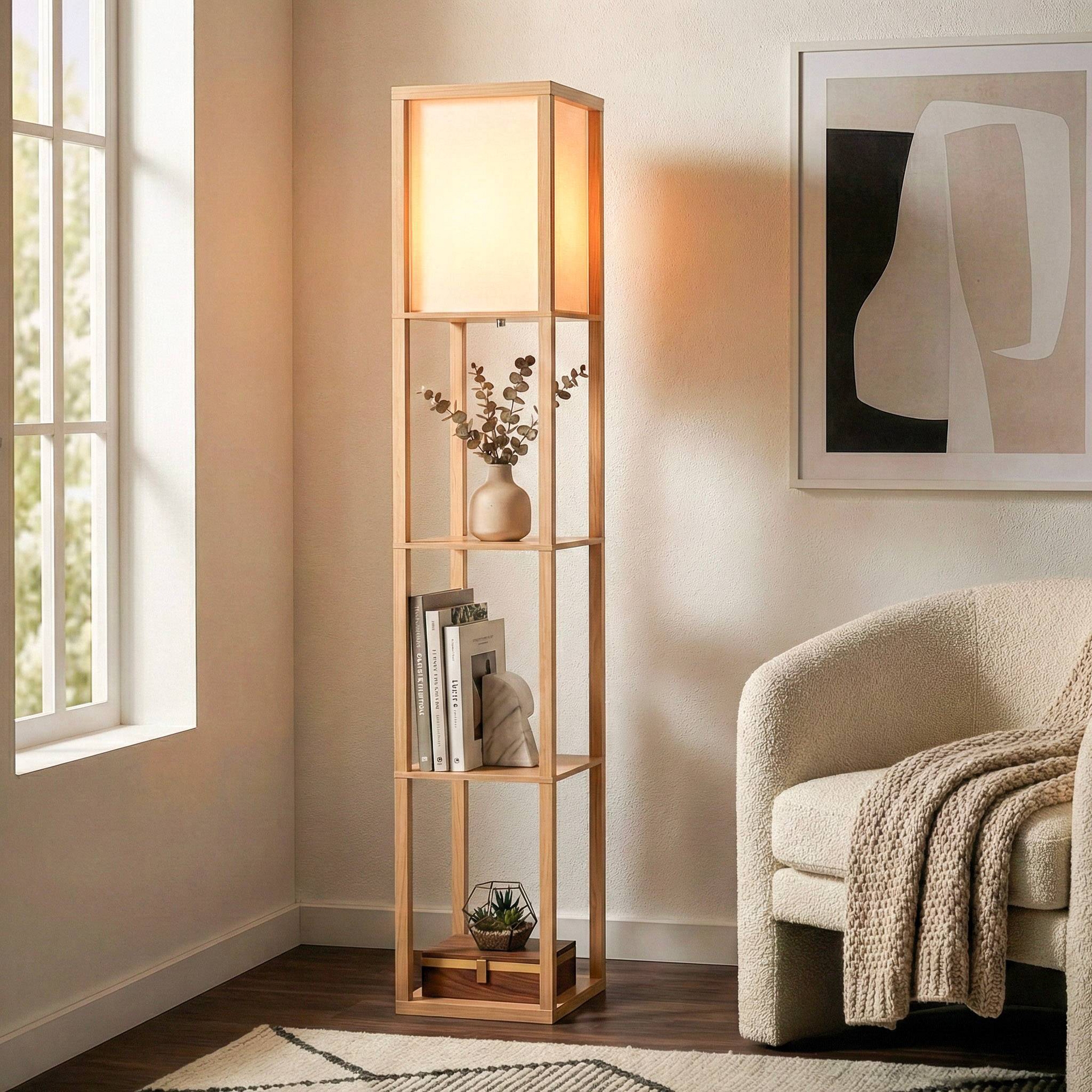 Brightech Maxwell Mid-Century (Includes LED Light Bulb) Column Shelf Floor Lamp Polished Natural Wood