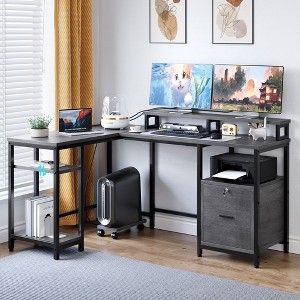 Whizmax 67¡± L Shaped Desk with Power Outlet, Reversible Computer Desk with File Drawer & 2 Monitor Stands, Home Office Desk with Storage Shelves - 1 of 4