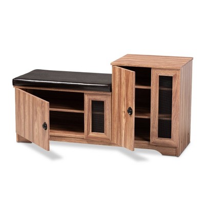 Dark Brown Faux Leather Oak Storage Bench with Cabinet