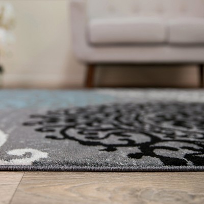 Gray and Blue Floral Synthetic Area Rug