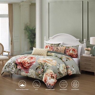 Blush and Sage Floral Queen Cotton Reversible Comforter Set