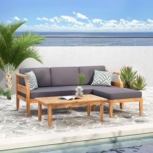 Christopher Knight Home Sloane Outdoor Acacia Wood 3 Seater Sofa Chat Set with Ottoman, Teak and Dark Gray - 1 of 4
