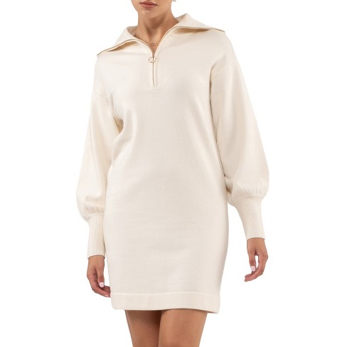 August Sky Women's Half Zip Oversized Collar Sweater Dress (Oatmeal M)