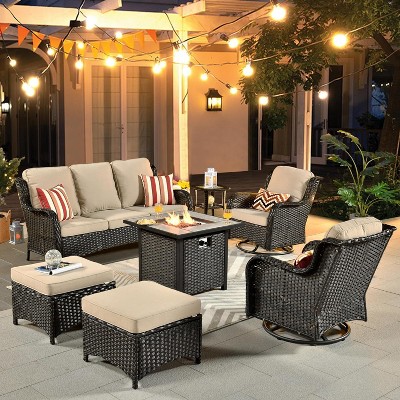 XIZZI Wicker Patio Furniture Set with 3-Seat Sofa, Swivel Rocking Armchairs & Ottomans & Side Table, Modular Sectional Outdoor Conversation Sofa Set