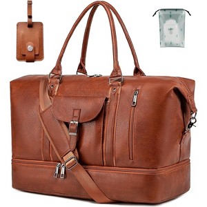 Waterproof Faux Leather Travel Duffel Bag with Shoes Compartment, Large Weekender Overnight Carry-On Tote with Luggage Strap - 1 of 4