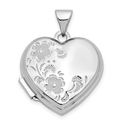 Black Bow Jewelry 14k White Gold 18mm Textured Floral Heart Shaped Locket
