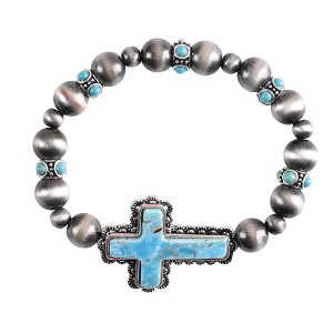 Dicksons Western Navajo Inspired Silver Beads & Cuffs Women's One Size Silver Plated Horizontal Turquoise Cross Everyday Beaded Stretch Bracelet - 1 of 4
