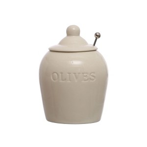 Storied Home 4 Inches Round Debossed Stoneware Jar with Stainless Steel Slotted Spoon Olives, White - 1 of 2