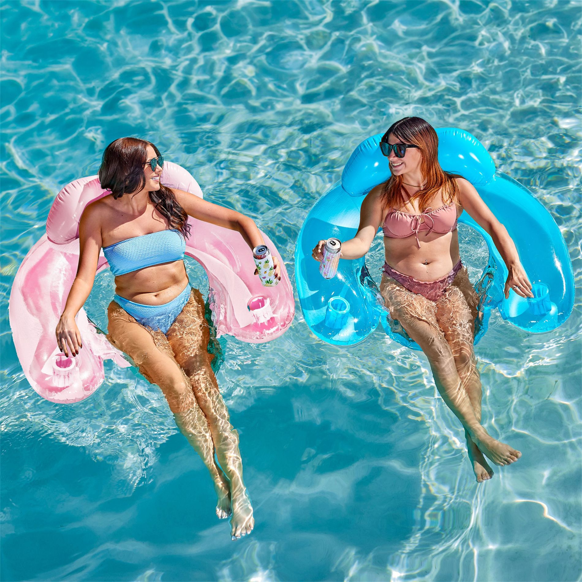Joyfy 2 Packs Inflatable Pool Floats Chair, Pool Lounge Chairs with Cup Holders for Adult Summer Water Fun Swimming Party Beach - Clear Blue, Pink