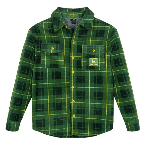 John Deere Mens Flannel Shacket with Fleece Lining Plaid Green / Gray X-Large
