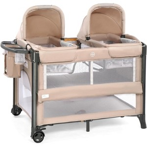 JOYMOR Twin Bassinet for Baby, Beige Bedside Bassinet, Convertible to Bedside Sleeper and Playpen, with Wheel, Brake, Foldable Side Sleeper,Beige - 1 of 4