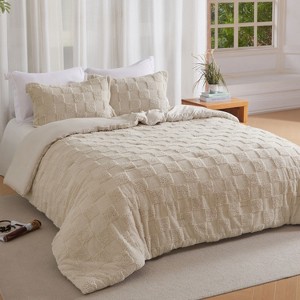Joyfy Tufted King Size Comforter Set, 3 Pieces Beige Boho King Bedding Set with 1 Plaid Geometric Comforter and 2 Pillow Shams, Checkered Bed in a Bag - 1 of 4