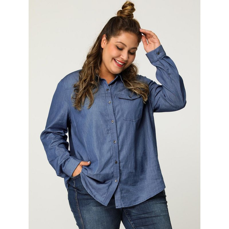 Agnes Orinda Women's Plus Size Business Casual Trendy Button Down Long Sleeve Fall Denim Shirts, 3 of 8