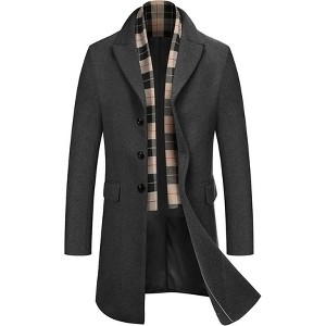 COOFANDY Men's Wool Blend Coat with Detachable Plaid Scarfs Notched Collar Single Breasted Pea Coat Trench Overcoat - 1 of 4