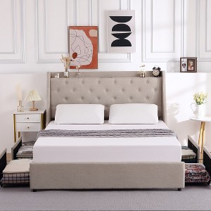 Whizmax Upholstered Bed Frame --Upholstered Wingback Headboard and 4 Storage Drawers, CreamColor - 1 of 4