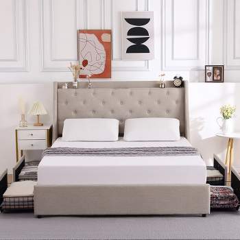 Trinity Upholstered Bed Frame --Upholstered Wingback Headboard and 4 Storage Drawers, CreamColor