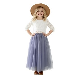 2Bunnies 2 Piece Lace Top Tulle Skirt Boho Rustic Flower Girl Dress Set - 1 of 4