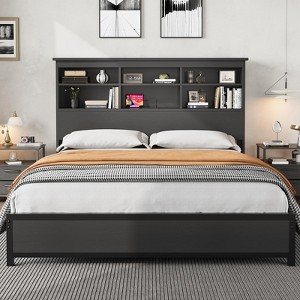Full Size Bed Frame with Bookcase Headboard, 2-Tier Storage Full Platform Bed with Charging Station, Black Mattress Foundation - 1 of 4