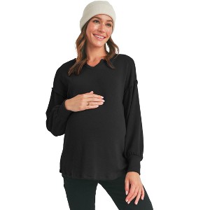 Hello Miz Women's Ribbed Split Neck Long Sleeve Maternity Sweater Top - 1 of 4
