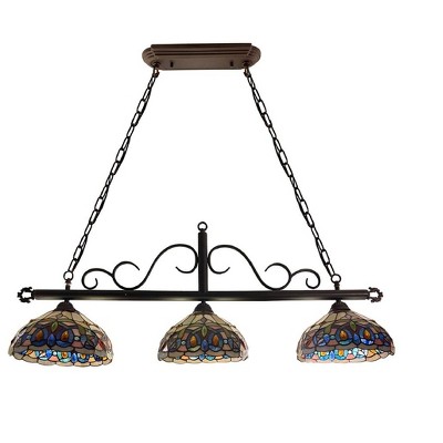 Victorian Tiffany-Style Dark Bronze Glass 3-Light Island Pendant