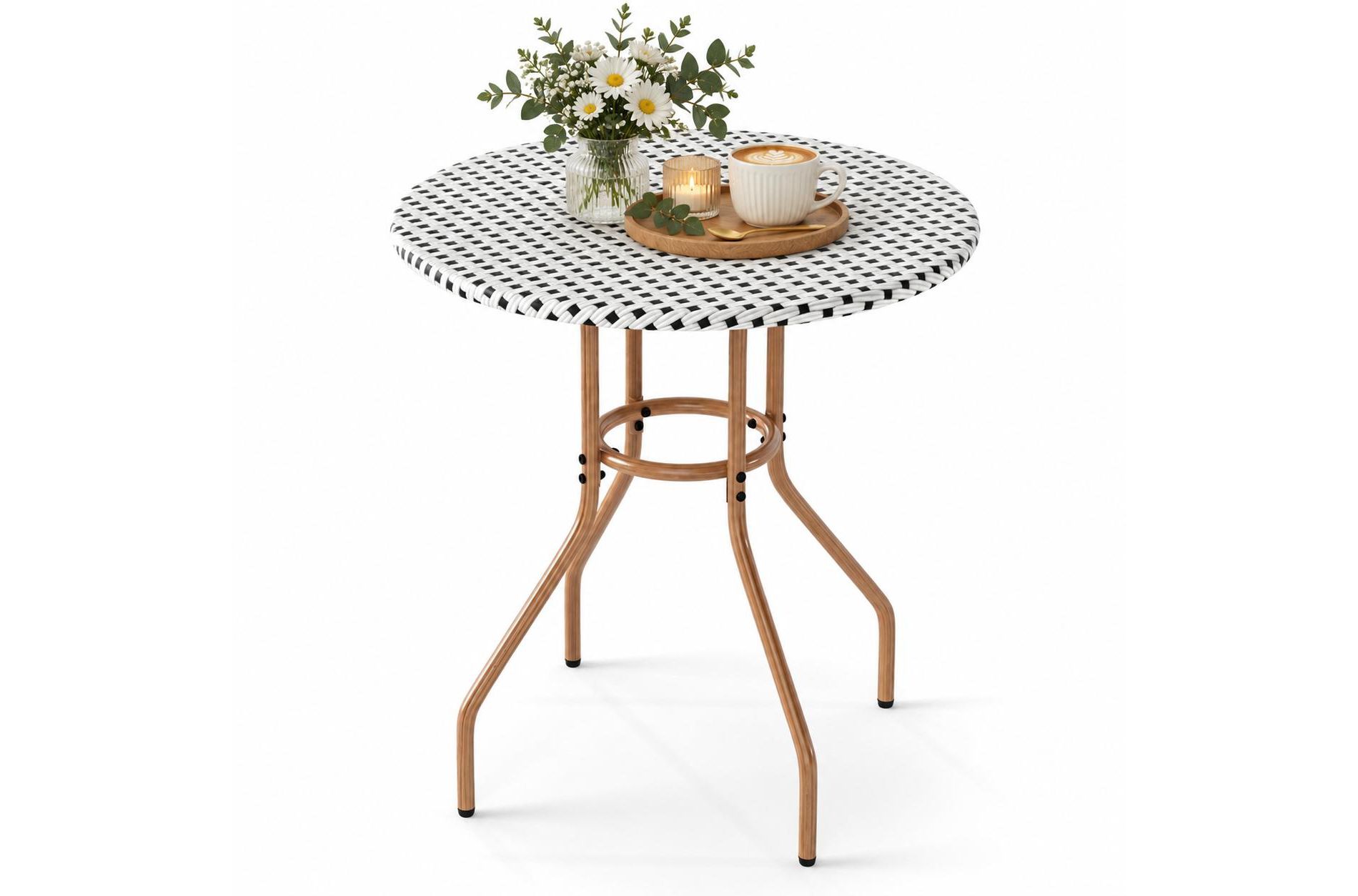 27.5 Inch Small Patio Table Round PE Rattan Outdoor Bistro Dining Table for Balcony, Black and White