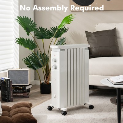 White 1500W Oil Filled Radiator Heater with Thermostat and Automatic Shut-off