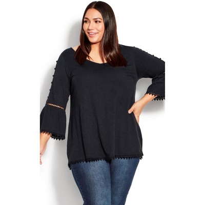Women's Plus Size Crochet Split Sleeve Top - black | EVANS