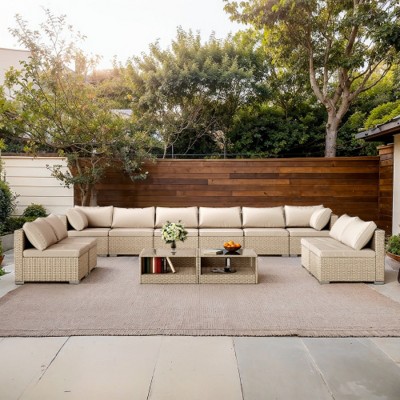 12-Piece Modular Wicker Patio Sofa Set with Cushions and 2 Coffee Tables, Outdoor Conversation Furniture for Backyard or Garden – The Pop Home