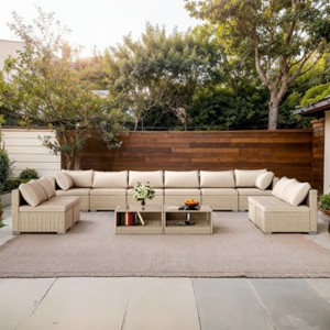12-Piece Modular Wicker Patio Sofa Set with Cushions and 2 Coffee Tables, Outdoor Conversation Furniture for Backyard or Garden – The Pop Home - 1 of 4