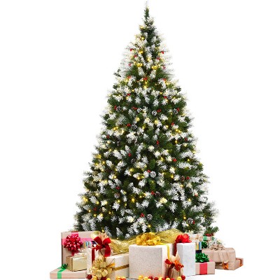 SKONYON 7.5ft Pre-lit Snow Flocked Christmas Tree with Red Berries and LED Lights