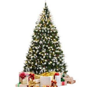 SKONYON 7.5ft Pre-lit Snow Flocked Christmas Tree with Red Berries and LED Lights - 1 of 3