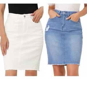 INSPIRE CHIC Women's Basic Distressed High Waist Ripped Hem Washed Jeans Skirt 2 Packs - 1 of 4