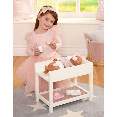 White and Beige Wooden Doll Changing Table with Accessories Set