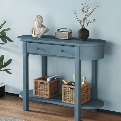 KTMBDW Console Table with 2 Drawers, Retro Entryway Table with Open Storage Shelf, Narrow Behind Couch Sofa Table for Living Room, Hallway