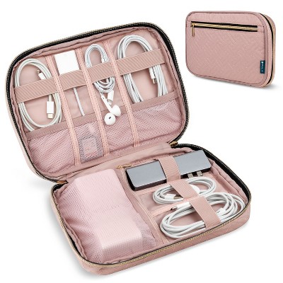 PAVILIA Soft Electronic Organizer Travel Case Medium Cable Tech Storage Pouch Cord Bag Charger Accessories Essentials Pink Quilt 10x6.8 inches