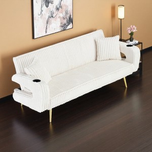 74.01" Corduroy 3-Seater Sofa Bed with 2 Pillows, Metal Feet & Cup Holders - 1 of 4