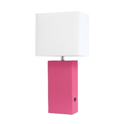 Modern Leather Table Lamp with USB and Fabric Shade Hot Pink - Elegant Designs