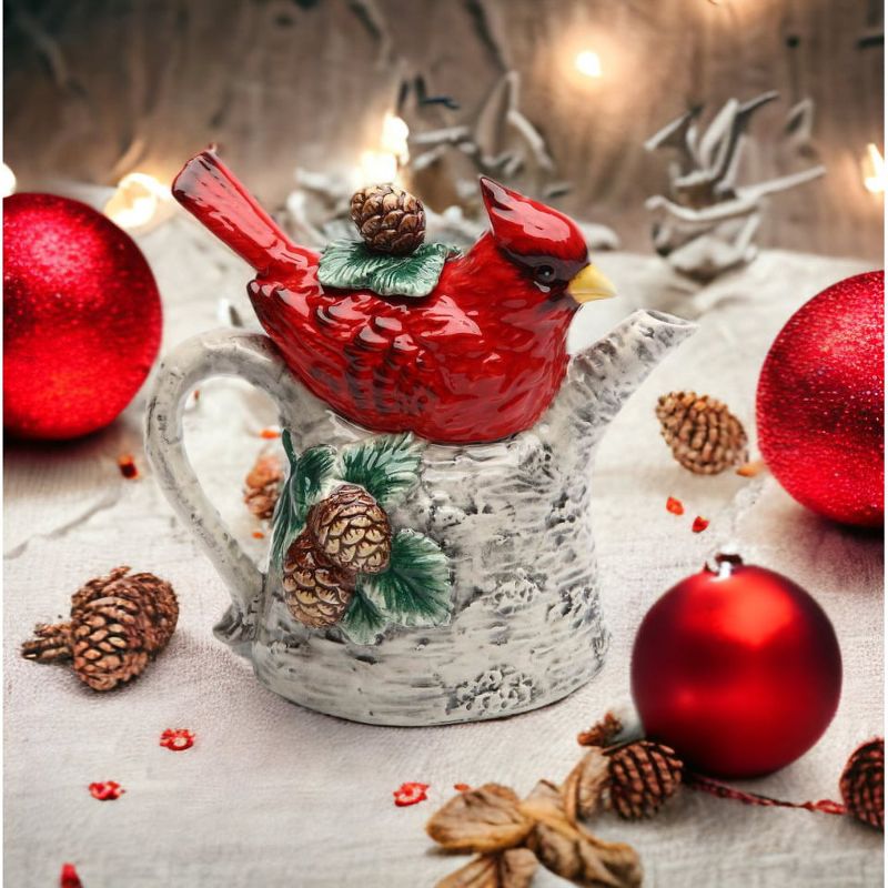 Kevins Gift Shoppe Ceramic Cardinal Bird On Birchtree Teapot, 3 of 4