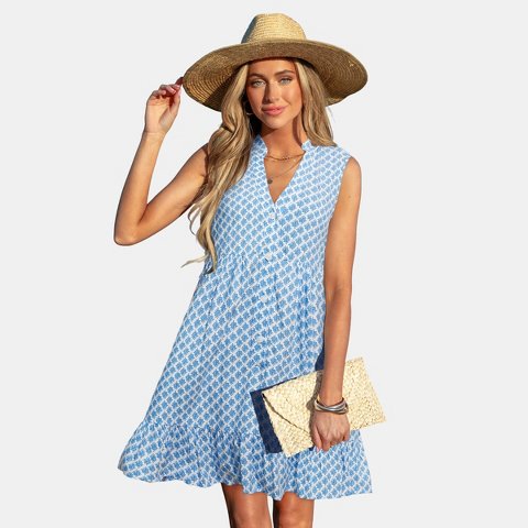 Женские платья Cupshe Women's Breezy Blue Leaf Print Sleeveless Swing Dress-M-Blue