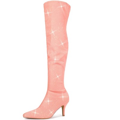 Allegra K Women's Glitter Pointed Toe Stiletto Heels Over the Knee High Boots