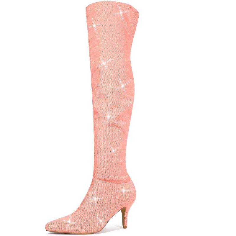 Allegra K Women's Glitter Pointed Toe Stiletto Heels Over the Knee High Boots, 1 of 7