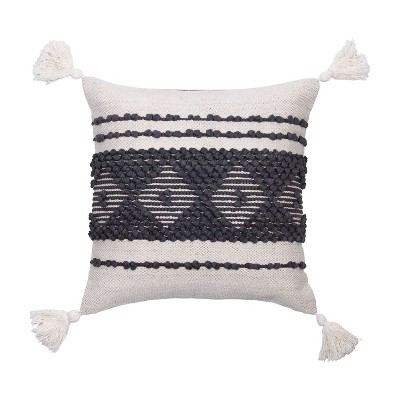 White and Gray Hand Woven 18 x 18 inch Decorative Cotton Throw Pillow Cover with Insert and Hand Tied Tassels - Foreside Home & Garden