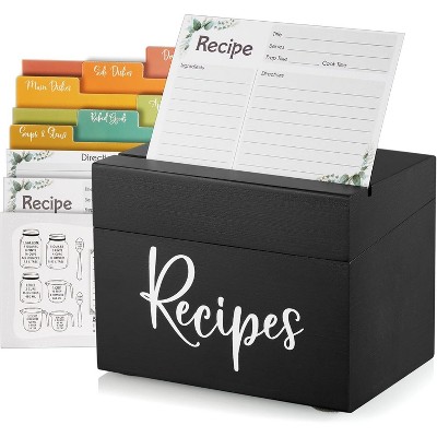 Recipe Box, Wooden Recipe Organizer, Black Holder with 50 Recipe Cards 4"x6" & 6 Dividers, Book for Your Recipes