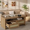 Acekool Bohemian Chic Oak Coffee Table, Rattan Drawers, Gold Handles, 2-Drawer Storage, Modern Mid-Century, Vintage Brown - 3 of 4