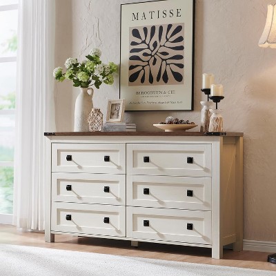 Farmhouse 6 Drawers Dresser, 54" Wide Wood Rustic Wide Chest of Drawers, Storage Dressers Organizer for Bedroom, Living Room, Hallway